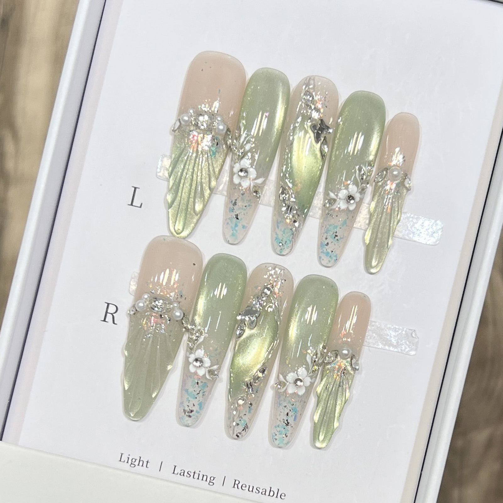 Resin Art Flowers - 10 adet Uzun Badem takma tırnak