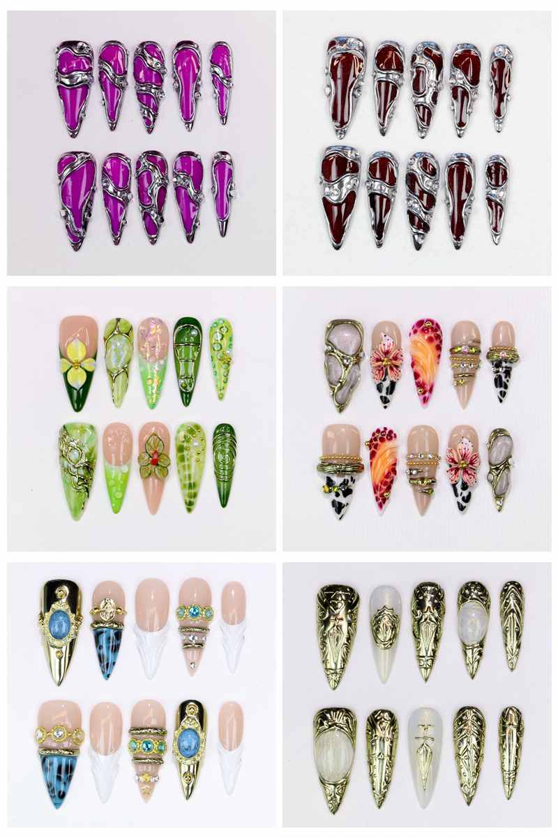 Resin Art Flowers - 10 Adet Uzun Stiletto Takma Tırnak